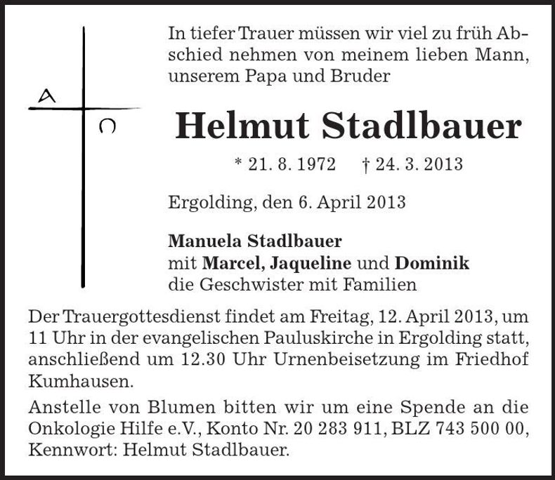 Traueranzeige Helmut Stadlbauer
