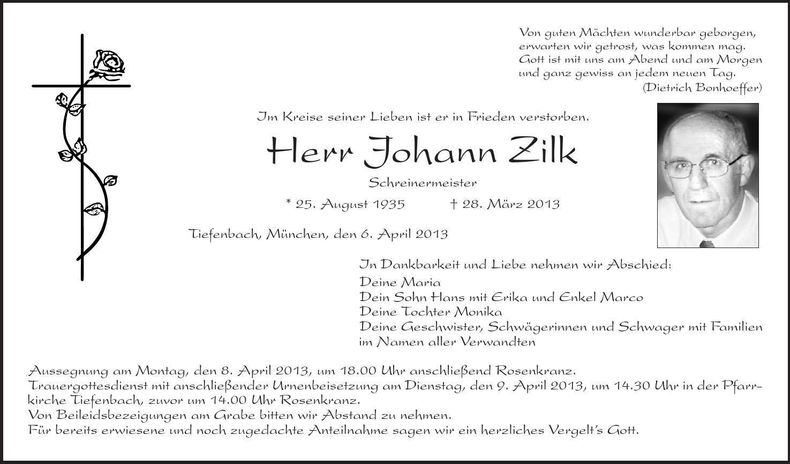 Traueranzeige Johann Zilk