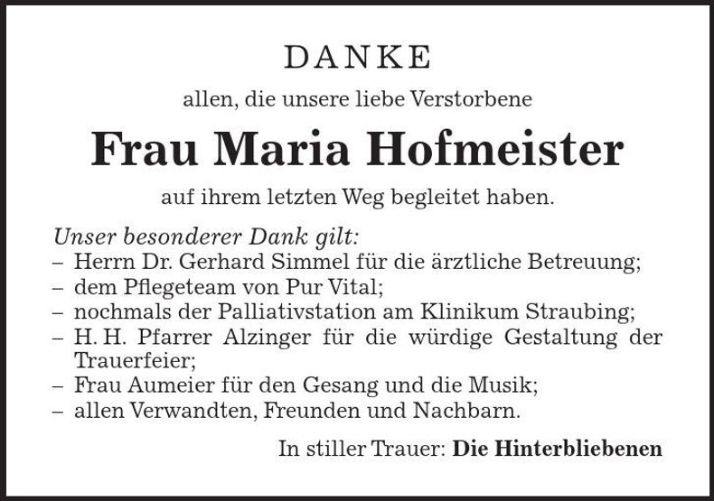 Traueranzeige Maria Hofmeister
