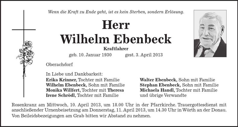 Traueranzeige Wilhelm Ebenbeck