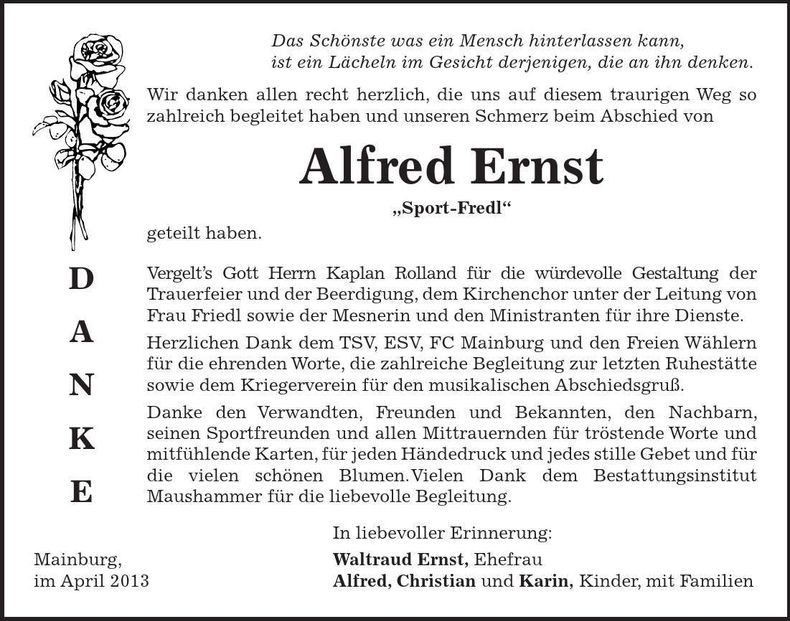 Traueranzeige Alfred Ernst