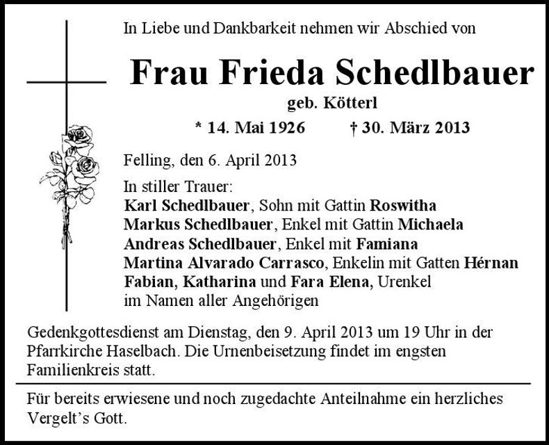 Traueranzeige Frieda Schedlbauer