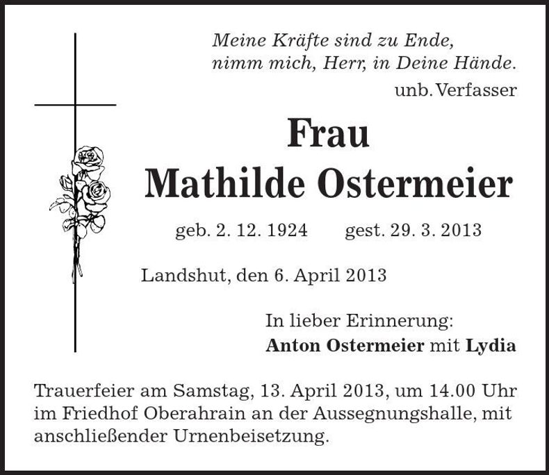 Traueranzeige Mathilde Ostermeier