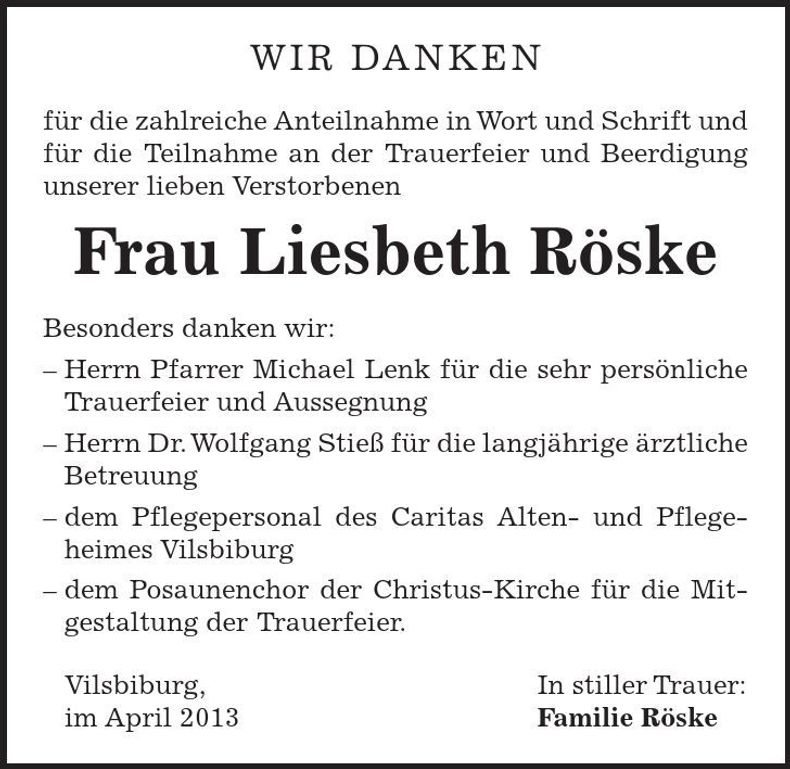Traueranzeige Liesbeth Röske
