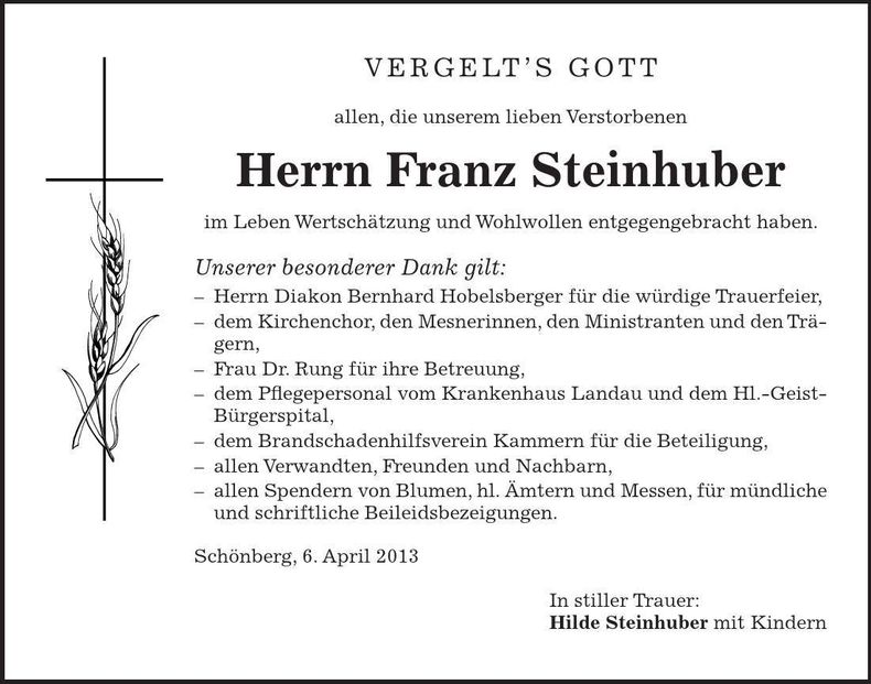 Traueranzeige Franz Steinhuber