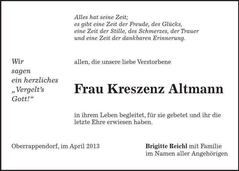 Traueranzeige Kreszenz Altmann
