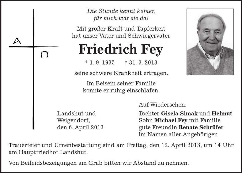 Traueranzeige Friedrich Fey
