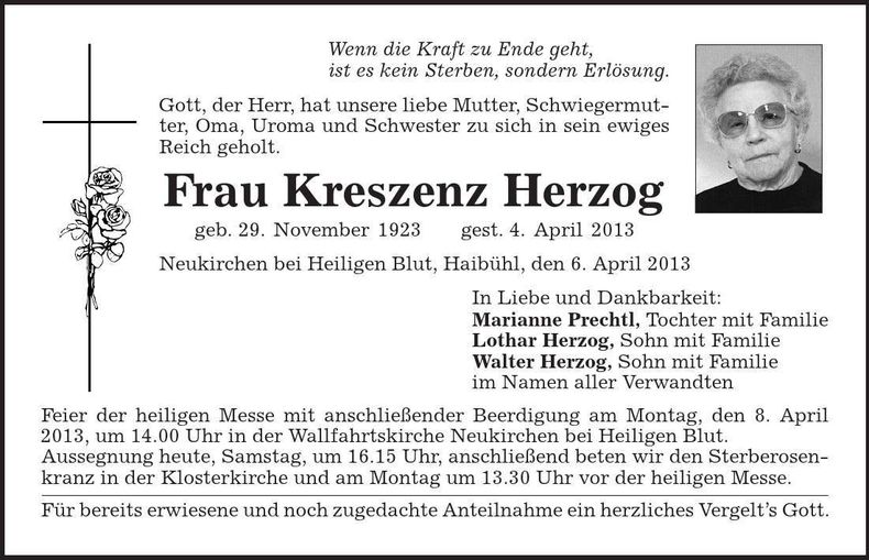 Traueranzeige Kreszenz Herzog
