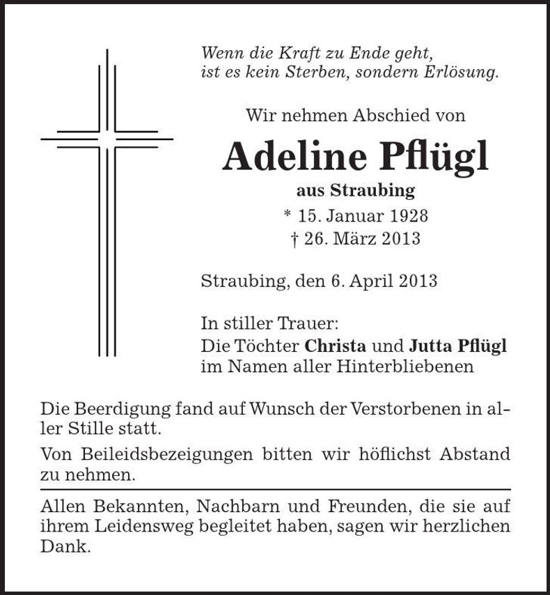 Traueranzeige Adeline Pflügl