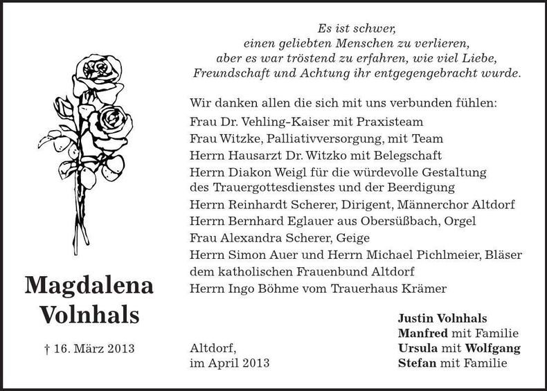Traueranzeige Magdalena Volnhals