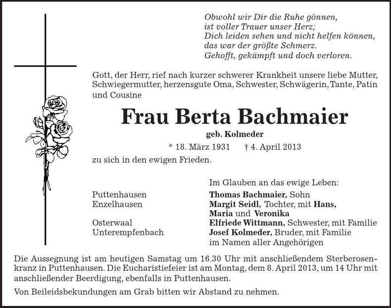 Traueranzeige Berta Bachmaier