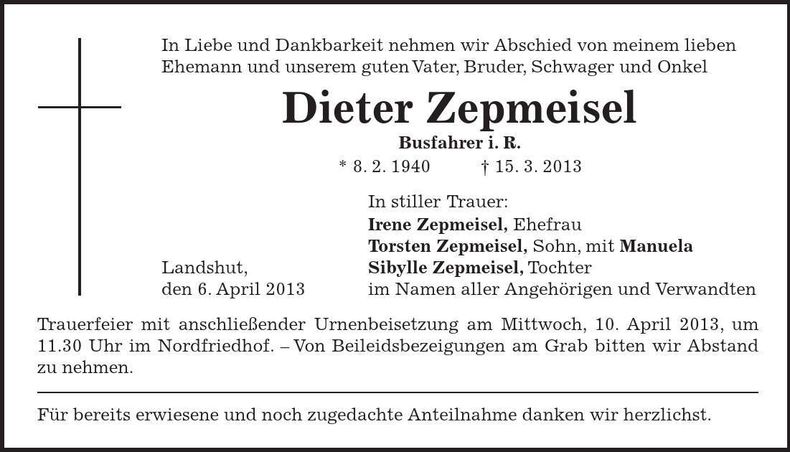 Traueranzeige Dieter Zepmeisel
