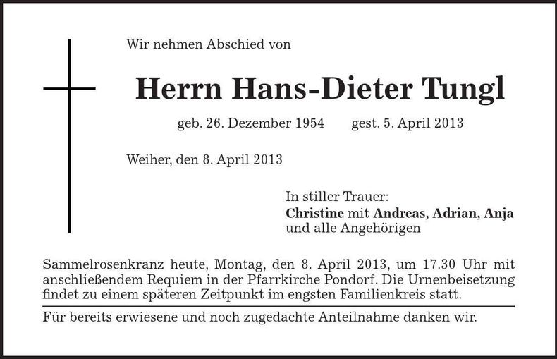 Traueranzeige Hans-Dieter Tungl
