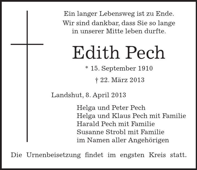 Traueranzeige Edith Pech