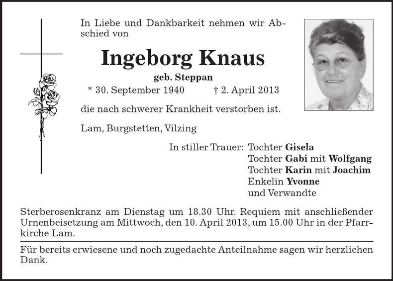 Traueranzeige Ingeborg Knaus