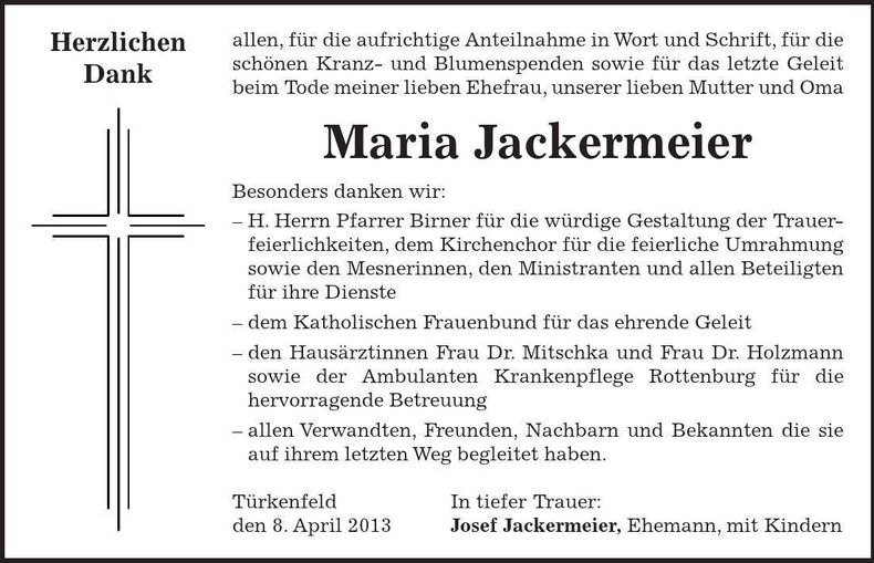 Traueranzeige Maria Jackermeier