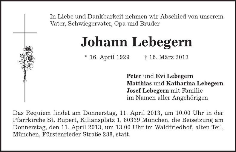 Traueranzeige Johann Lebegern