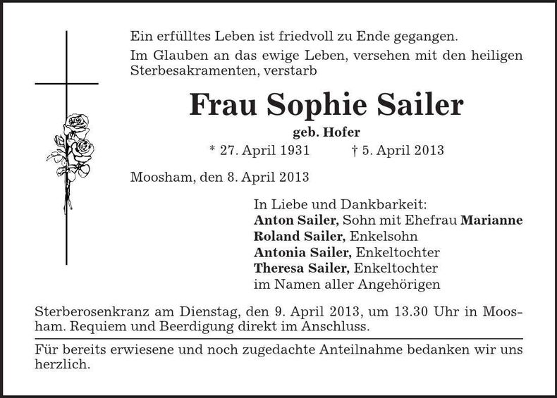 Traueranzeige Sophie Sailer