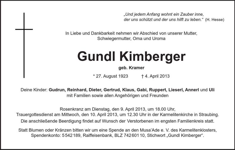 Traueranzeige Gundl Kimberger