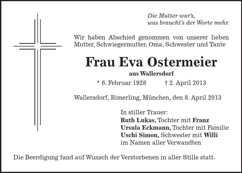 Traueranzeige Eva Ostermeier