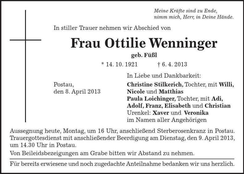 Traueranzeige Ottilie Wenninger