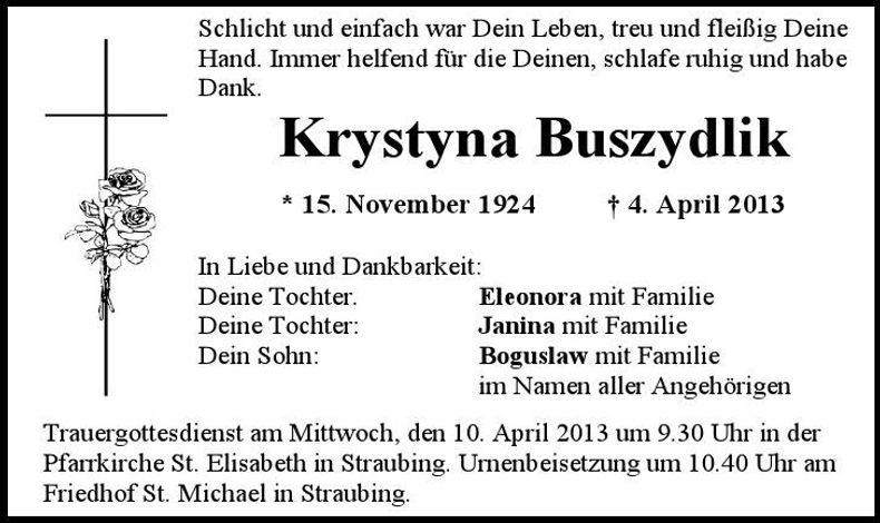Traueranzeige Krystyna Buszydlik