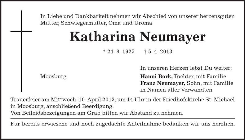 Traueranzeige Katharina Neumayer