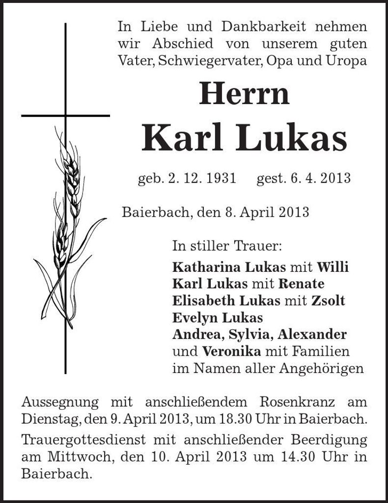 Traueranzeige Karl Lukas