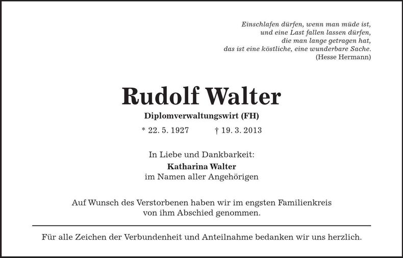 Traueranzeige Rudolf Walter