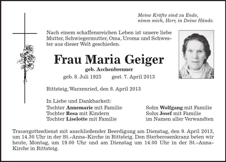 Traueranzeige Maria Geiger