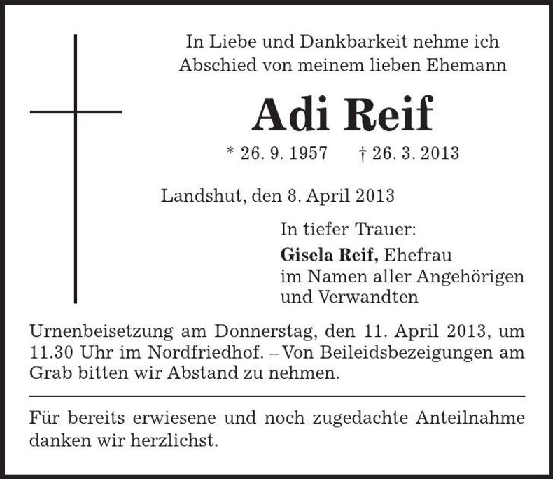 Traueranzeige Adi Reif