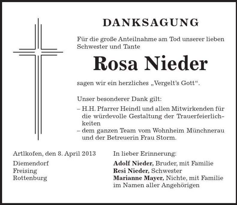 Traueranzeige Rosa Nieder