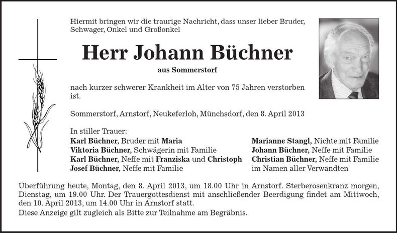 Traueranzeige Johann Büchner