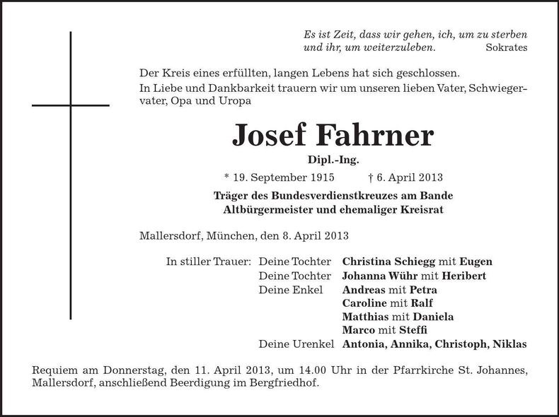 Traueranzeige Josef Fahrner