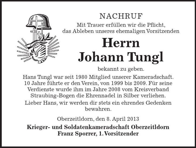 Traueranzeige Johann Tungl