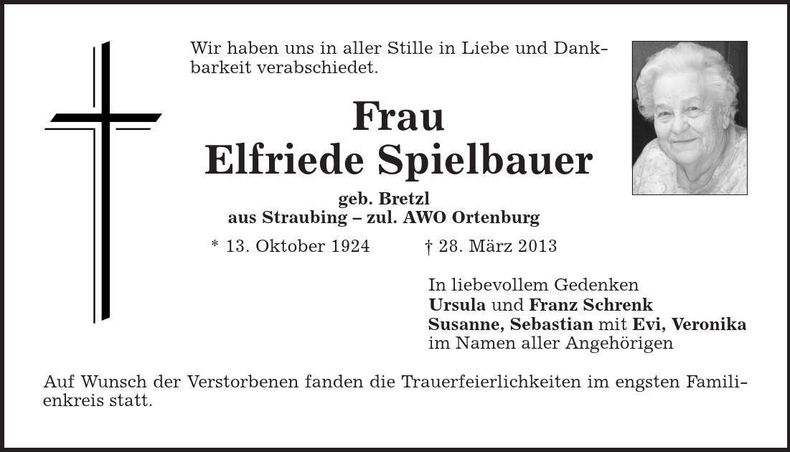 Traueranzeige Elfriede Spielbauer