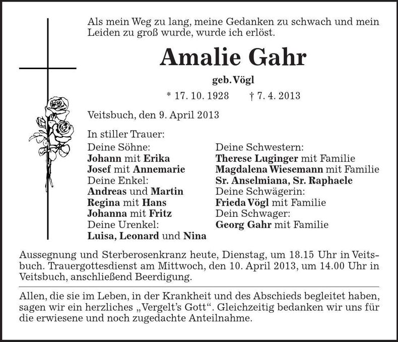 Traueranzeige Amalie Gahr