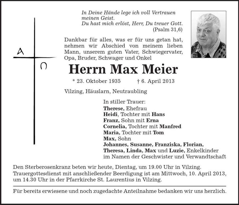 Traueranzeige Max Meier