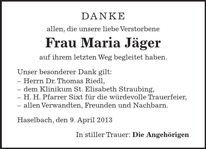 Traueranzeige Maria Jäger