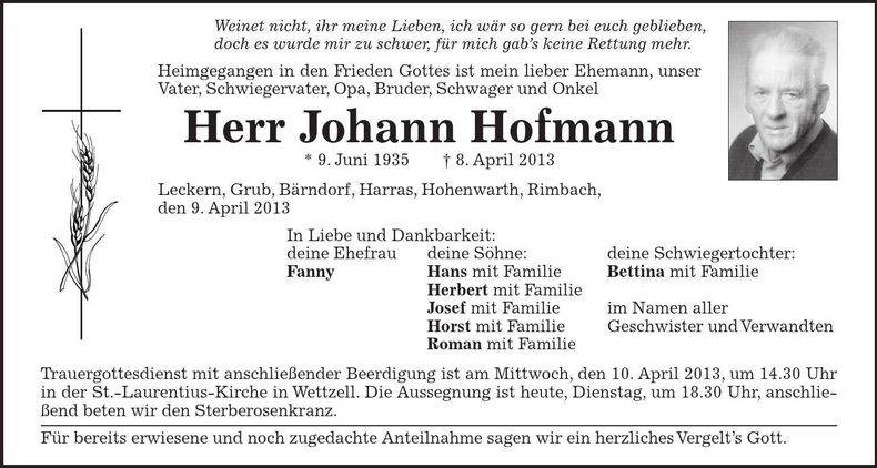 Traueranzeige Johann Hofmann
