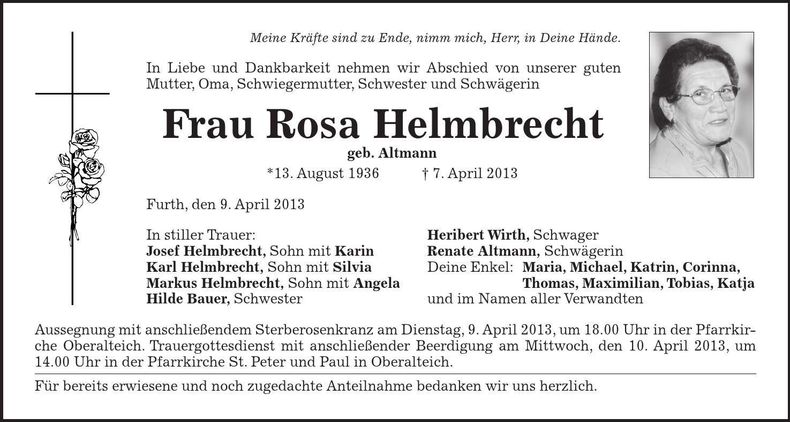 Traueranzeige Rosa Helmbrecht