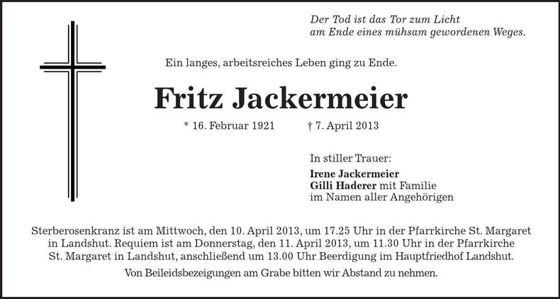 Traueranzeige Fritz Jackermeier