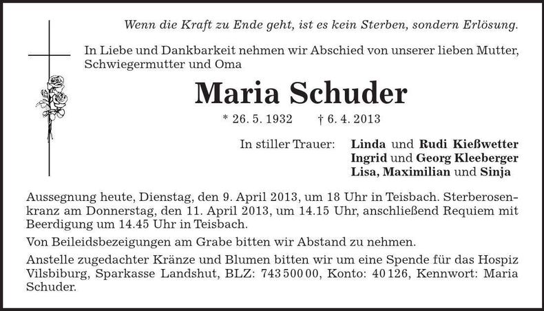 Traueranzeige Maria Schuder