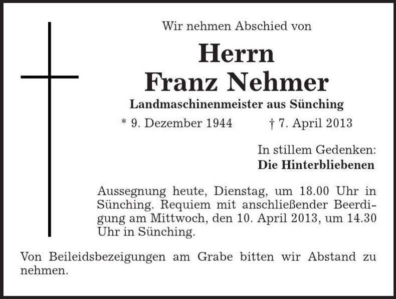 Traueranzeige Franz Nehmer