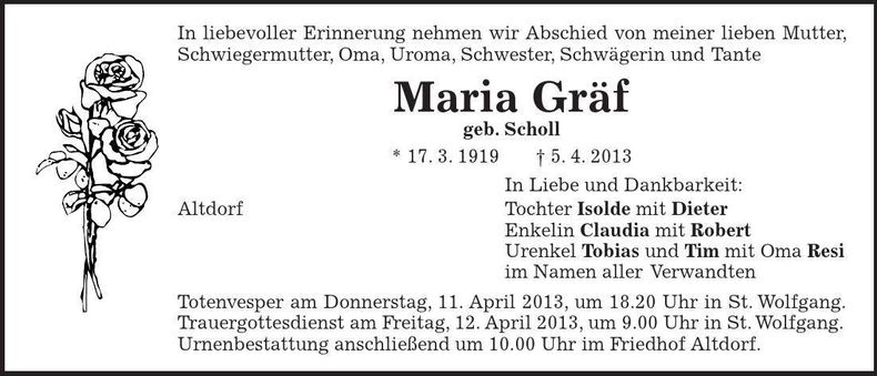 Traueranzeige Maria Gräf