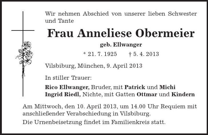 Traueranzeige Anneliese Obermeier