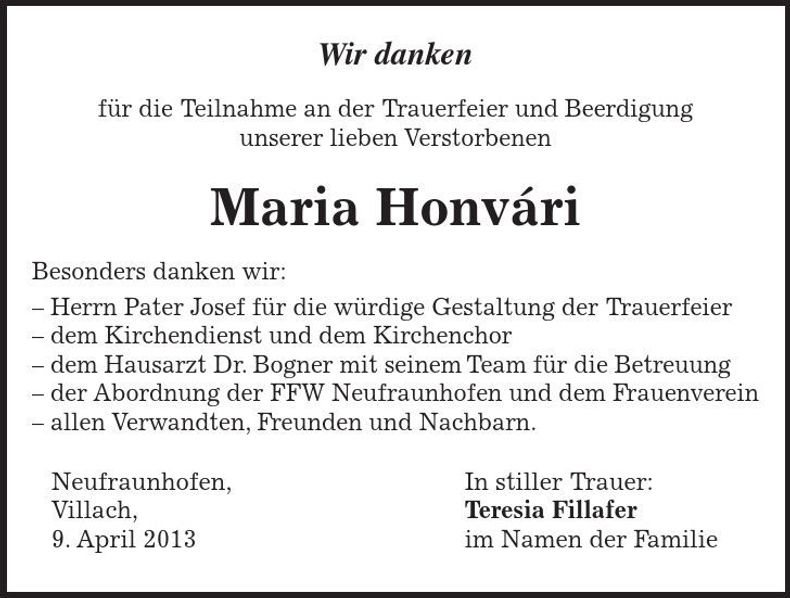 Traueranzeige Maria Honvari