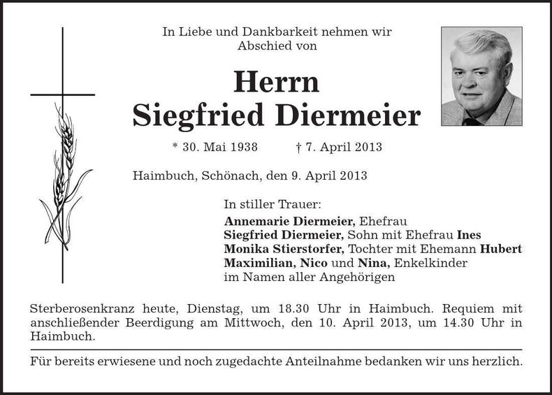 Traueranzeige Siegfried Diermeier