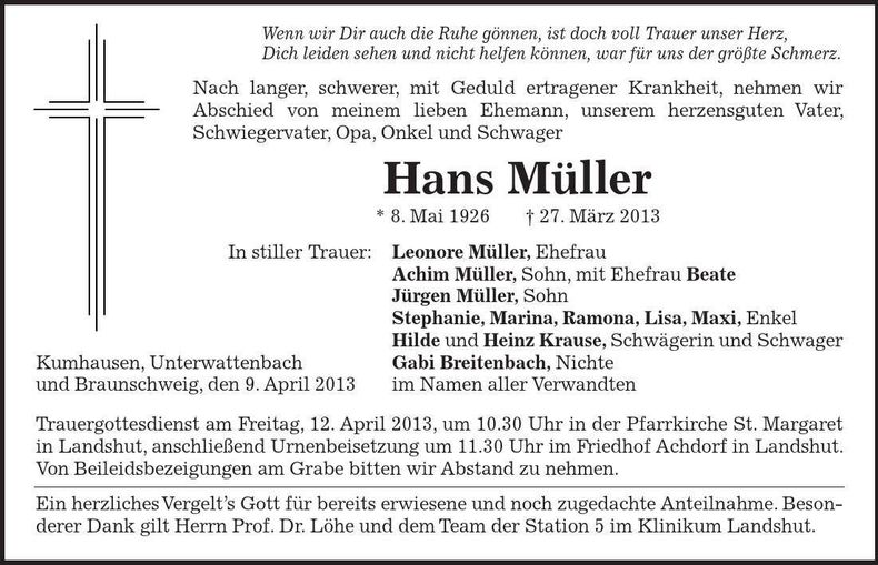 Traueranzeige Hans Müller