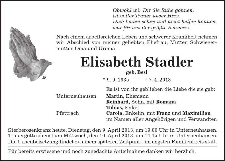 Traueranzeige Elisabeth Stadler